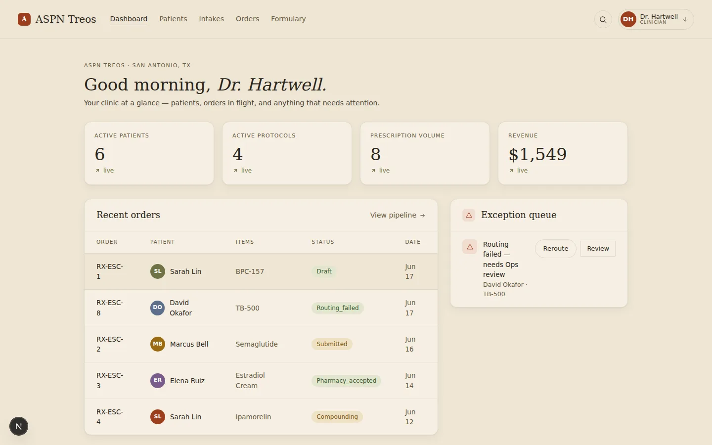 ASPN clinician portal dashboard