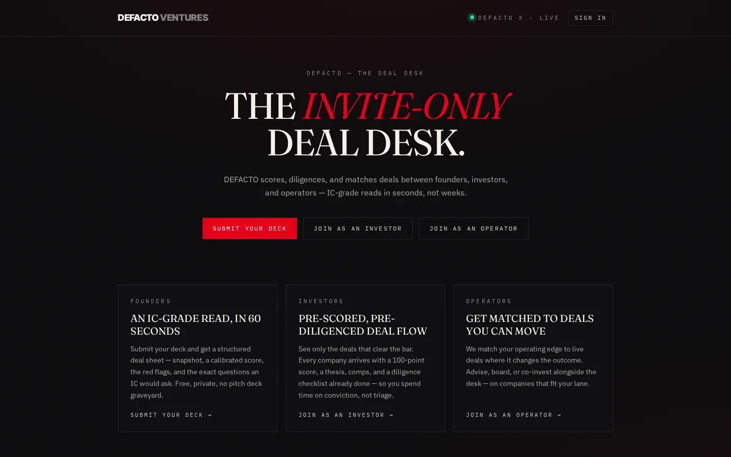 DEFACTO X deal desk dashboard