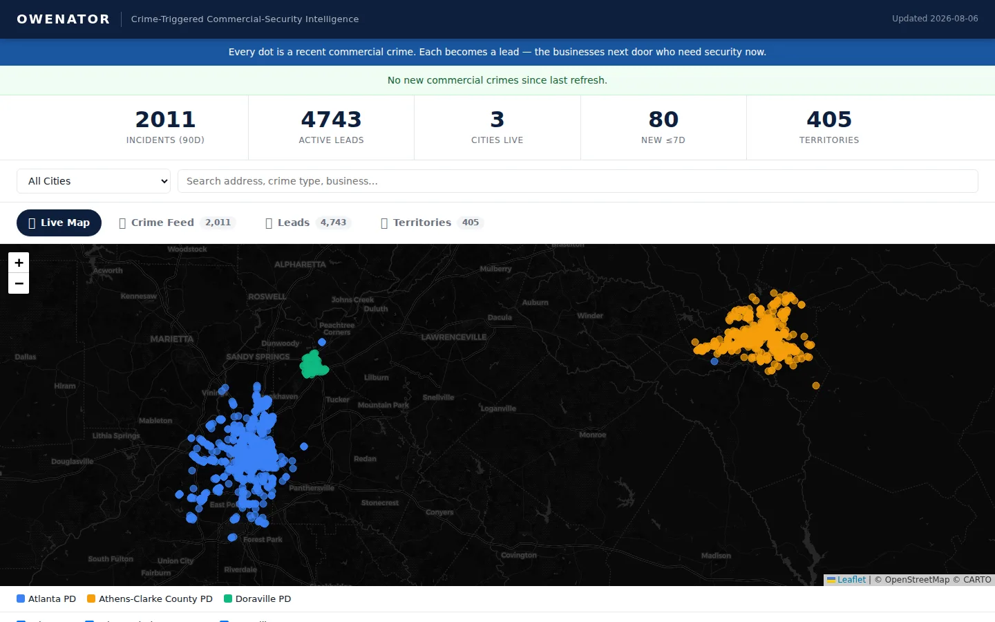Crime-triggered lead engine live map